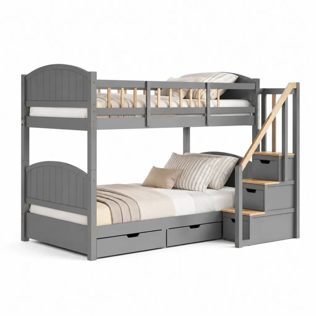 Etagenbett mit Treppe und Schubladen 90 x 200 cm und 120 x 200 cm Kiefer Massivholz MDF rechteckig Grau Natur