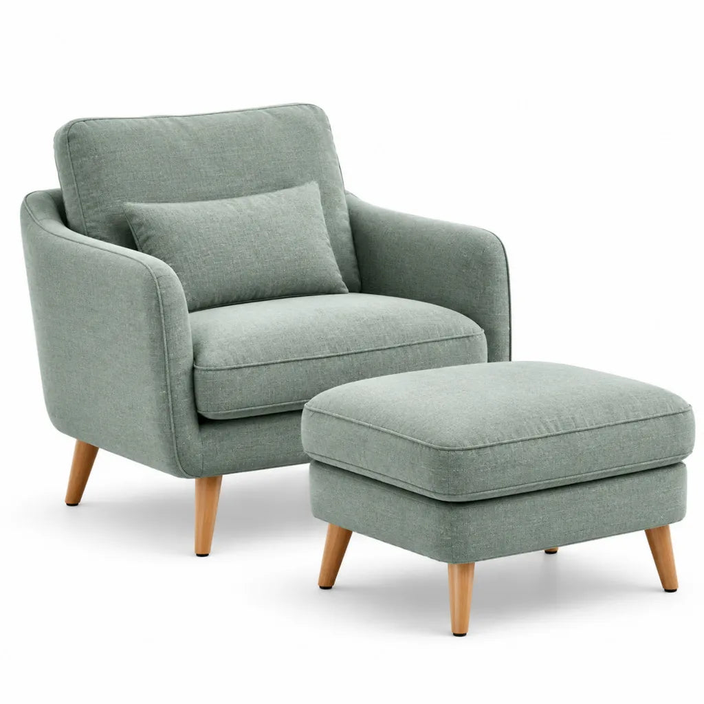 Sessel mit Hocker und Kissen Polyesterbezug Massivholzfuesse rechteckig Salbeigruen 82 x 86 x 88 cm