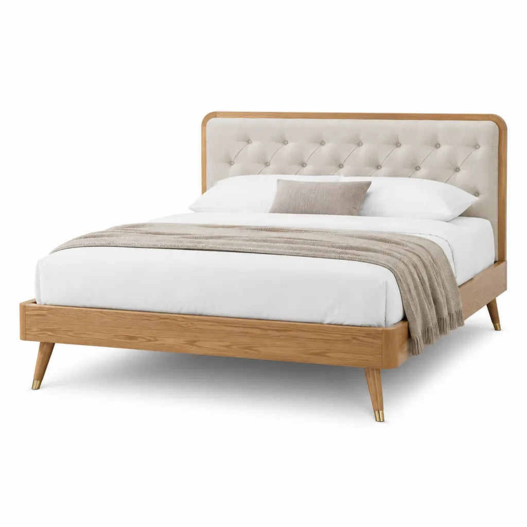 Polsterbett Doppelbettgestell 160 x 200 cm mit gepolstertem Kopfteil aus Polyester in Naturholz und Beige