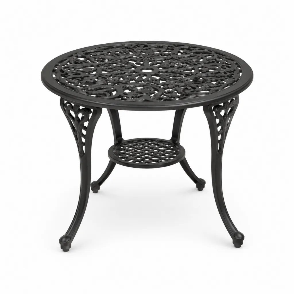 Runder Gartentisch Ø 90 cm Aluminiumguss Schwarz mit Sonnenschirmloch und Ablage