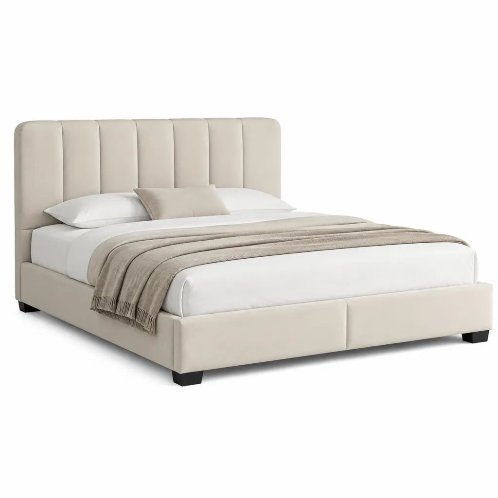 Polsterbett Doppelbett 180 x 200 cm mit gepolstertem Kopfteil aus Polyester in Creme
