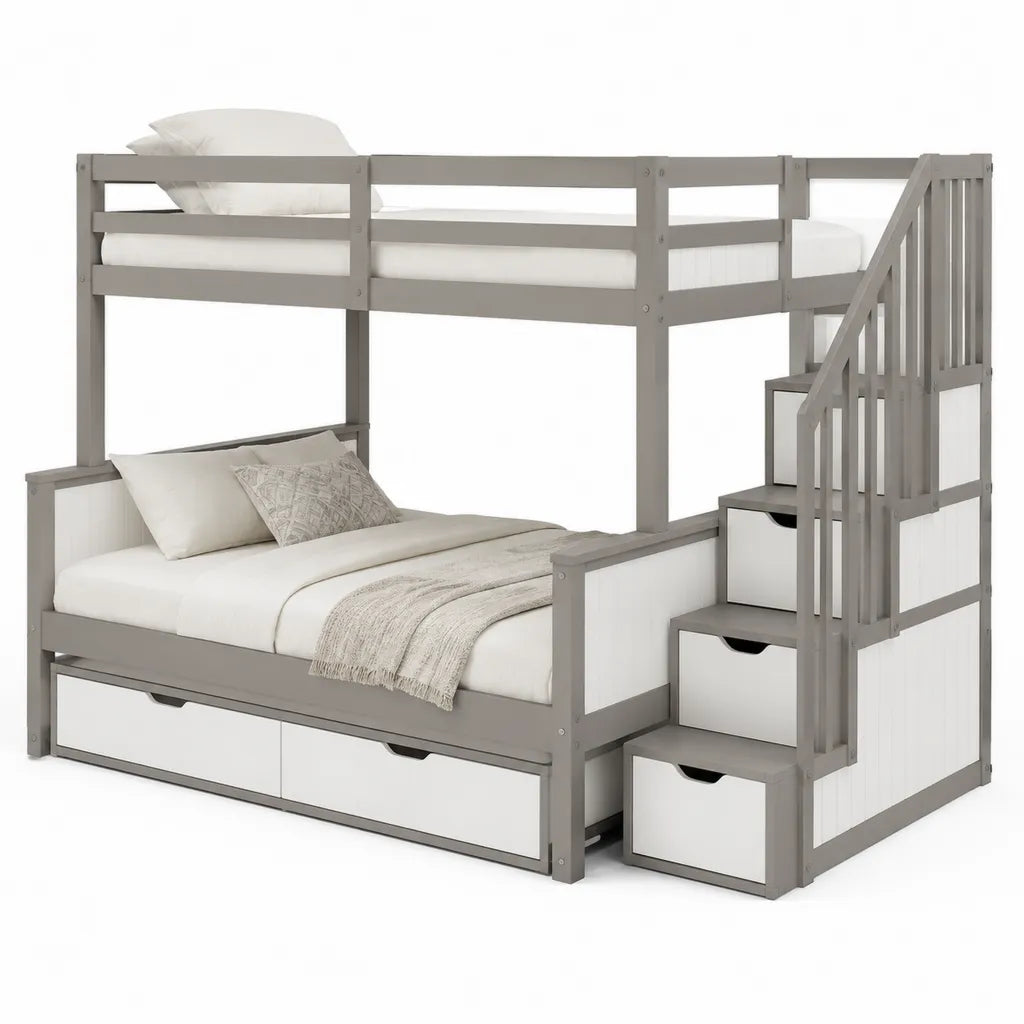 Etagenbett mit Treppe und Schubladen 90 x 200 cm und 140 x 200 cm Kiefer Massivholz MDF Grau Weiss