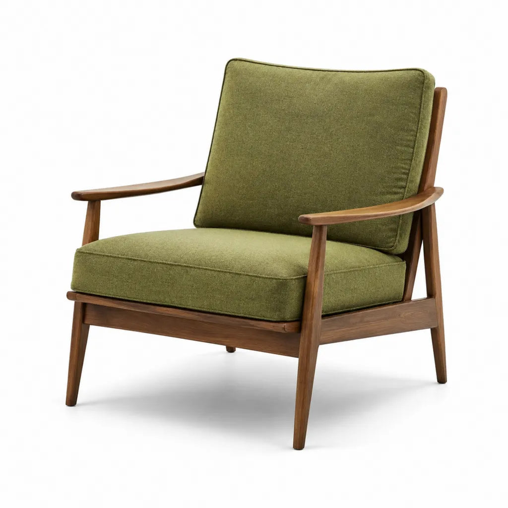Polstersessel mit Armlehnen aus massivem Gummibaumholz und Polyester in Olivgruen 68 x 78 x 84 cm