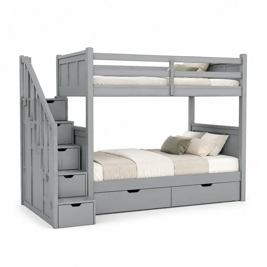 Etagenbett mit Treppe und Schubladen aus massivem Kiefernholz Grau fuer 90 x 200 cm und 140 x 200 cm Matratzen