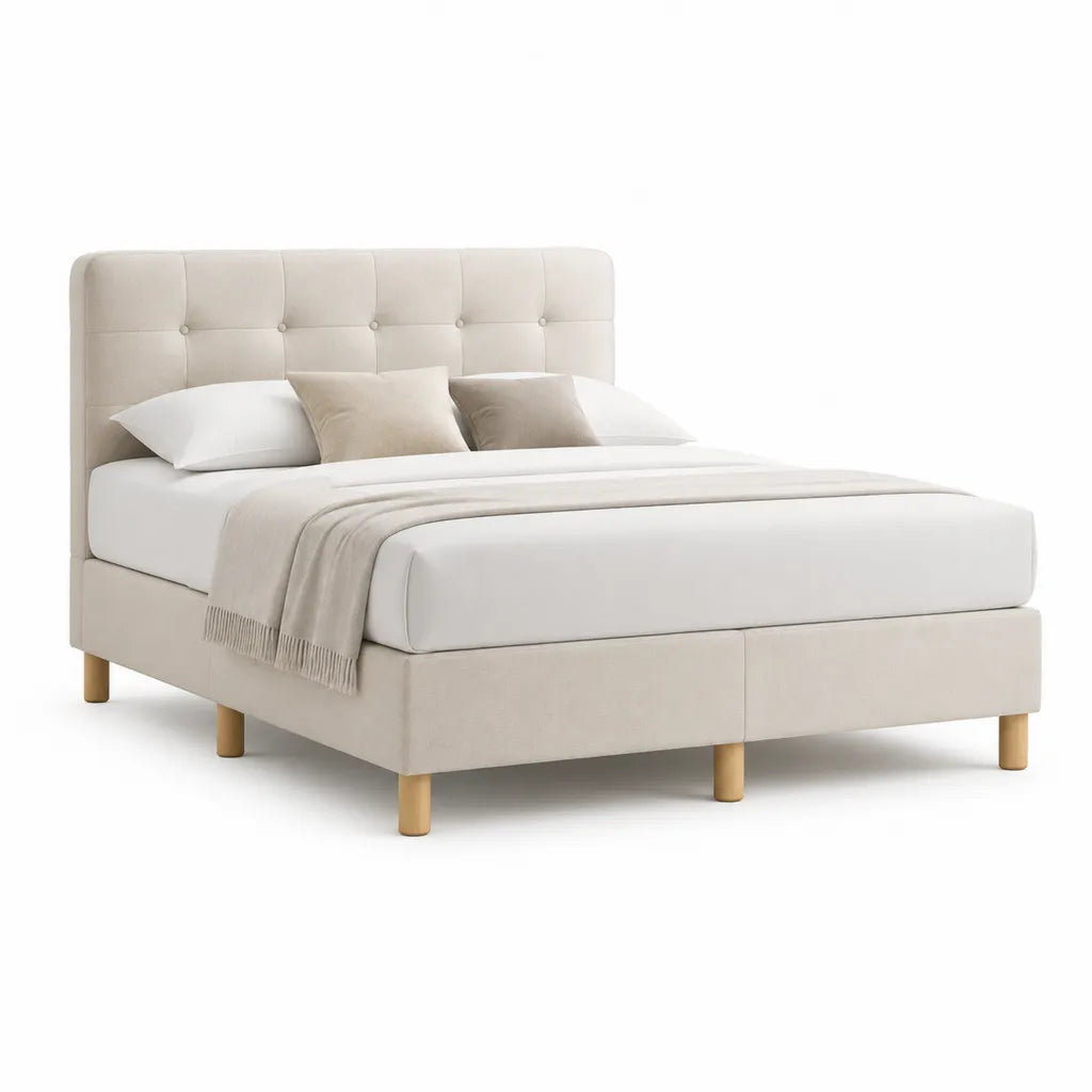 Polsterbettgestell 160 x 200 cm mit gepolstertem Kopfteil aus Polyester in Creme