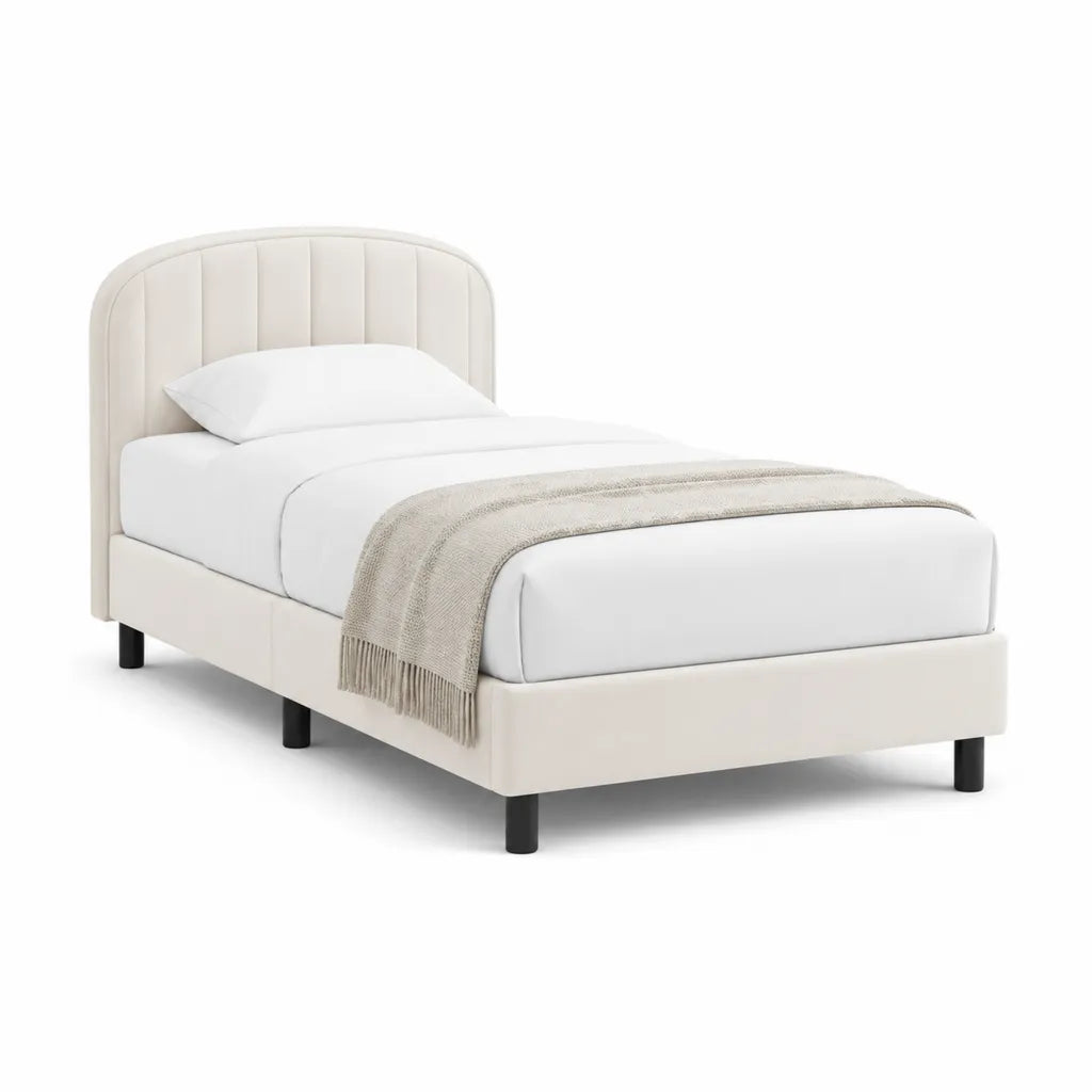 Polsterbett Einzelbett 90 x 200 cm mit gepolstertem Kopfteil Polyester Cremeweiss