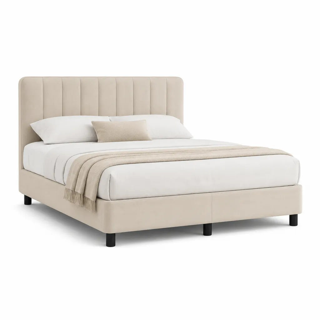 Polsterbett Doppelbett 160 x 200 cm mit gepolstertem Kopfteil Polyester-Samt Beige