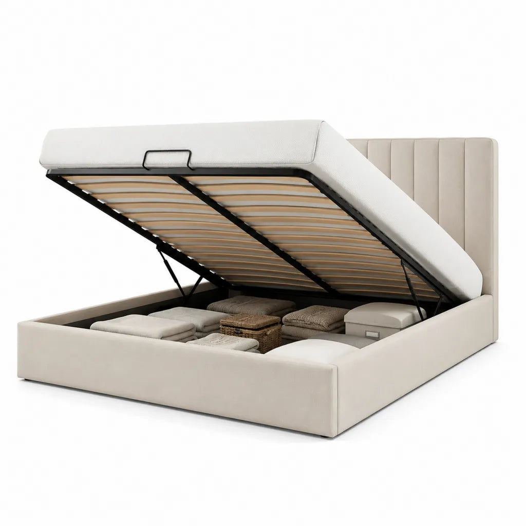 Polsterbett mit Stauraum und Gasdruckfeder Lattenrost 180 x 200 cm Kunstleder Beige