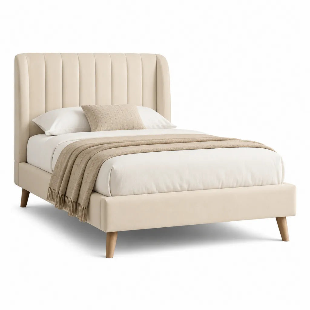 Polsterbett Doppelbett 160 x 200 cm mit hohem Kopfteil Polyester Rechteckig Creme