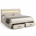 Polsterbett Doppelbett 180 x 200 cm aus PU-Kunstleder Rechteckig Creme mit LED-Beleuchtung und 2 Schubladen