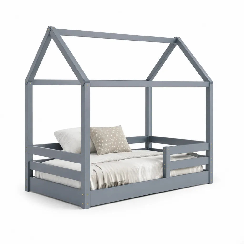 Kinder Hausbett 90 x 200 cm Kiefer Massivholz Dachform Grau