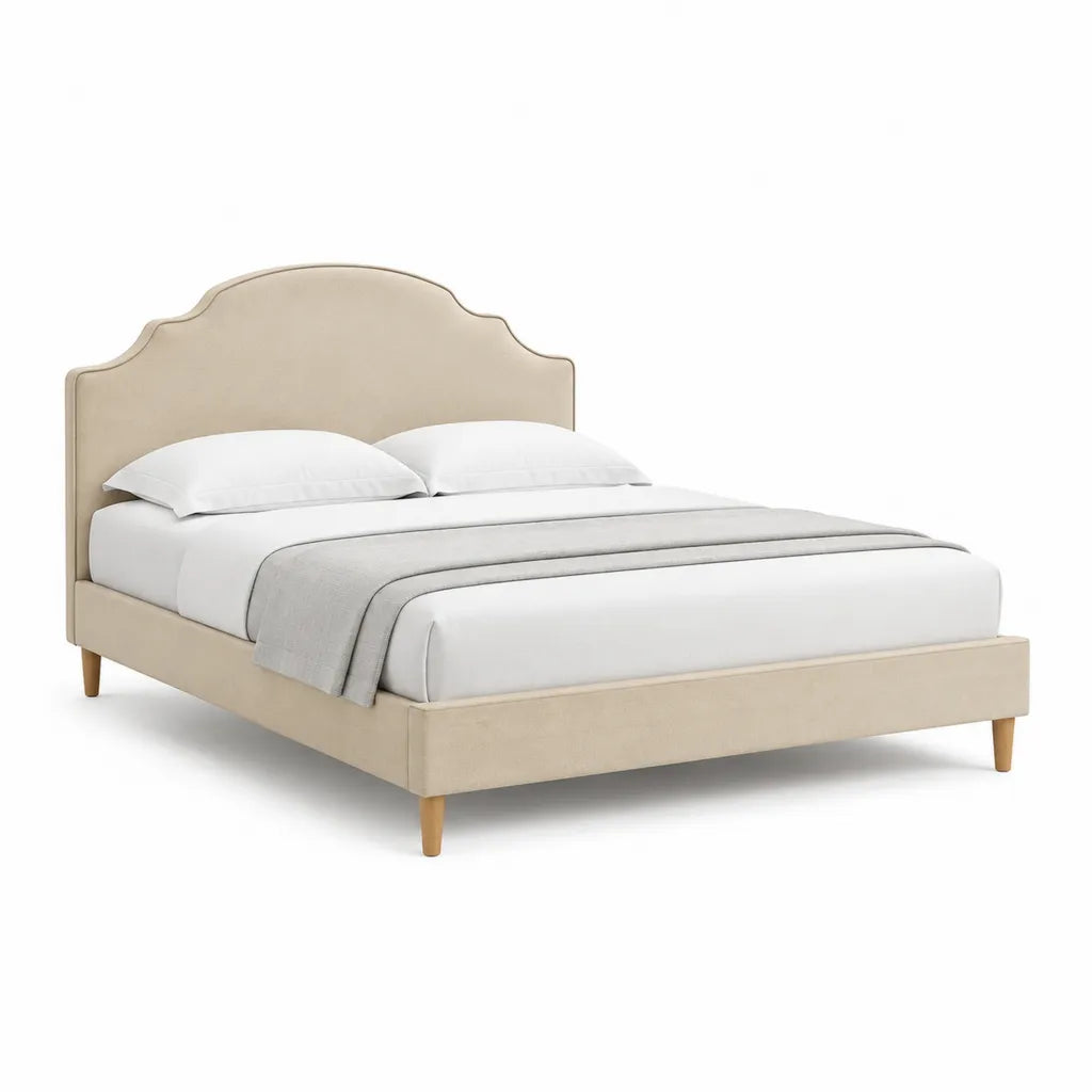 Polsterbett Doppelbett 160 x 200 cm mit Polyester-Samtbezug Beige geschwungenes Kopfteil