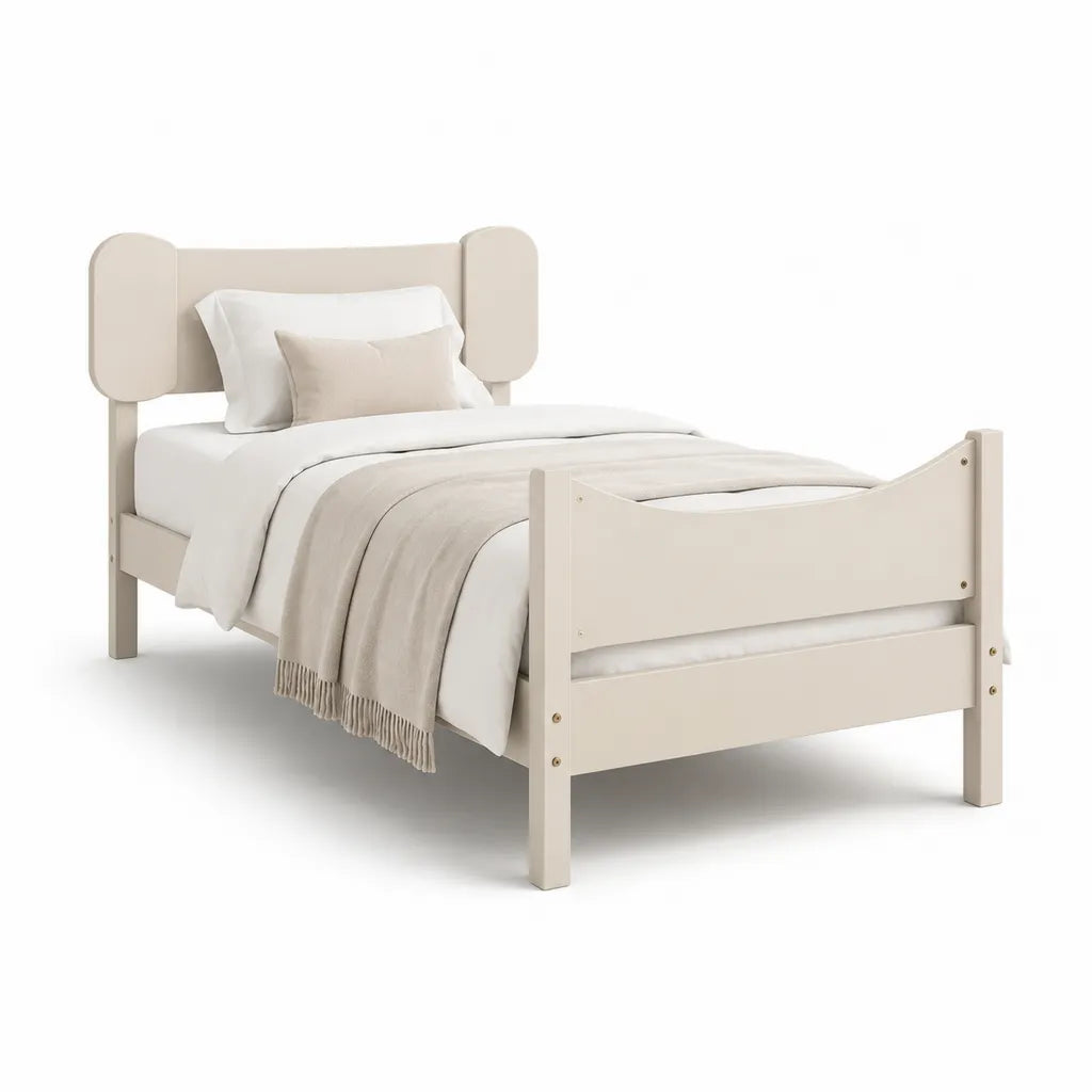 Kinderbett Bettgestell 90 x 200 cm aus MDF und Kiefernholz mit abgerundetem Kopfteil cremeweiss