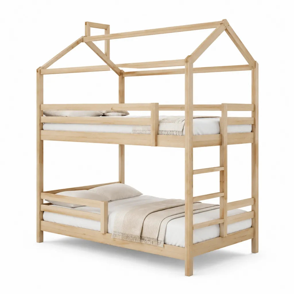 Etagenbett in Hausform 90 x 200 cm aus massivem Kiefernholz Natur