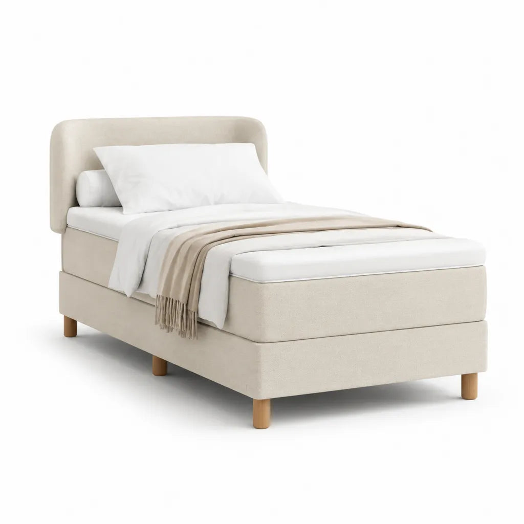 Polsterbett Einzelbett 90 x 200 cm mit gepolstertem Kopfteil Polyesterbezug rechteckig Creme