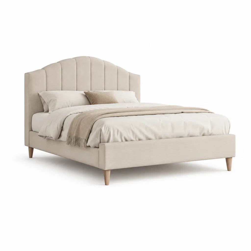 Polsterbett Doppelbett 160 x 200 cm aus Polyester-Samt Beige mit bogenfoermigem Kopfteil