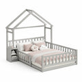 Kinderbett Hausbett Set 140 x 200 cm aus massivem Kiefernholz in Hausform grau mit Rausfallschutz und Nachttisch