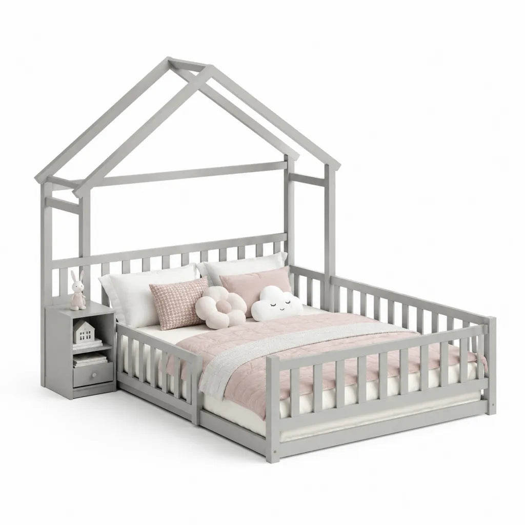 Kinderbett Hausbett Set 140 x 200 cm aus massivem Kiefernholz in Hausform grau mit Rausfallschutz und Nachttisch