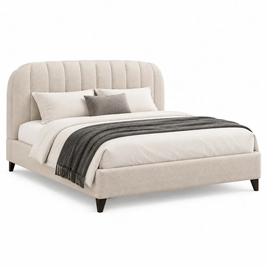 Polsterbett Doppelbett 160 x 200 cm rechteckig mit Polyesterbezug in Creme und gepolstertem Kopfteil