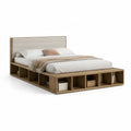 Stauraumbett Doppelbett 180 x 200 cm aus MDF mit gepolstertem Kopfteil rechteckig Eichenholzdekor Creme