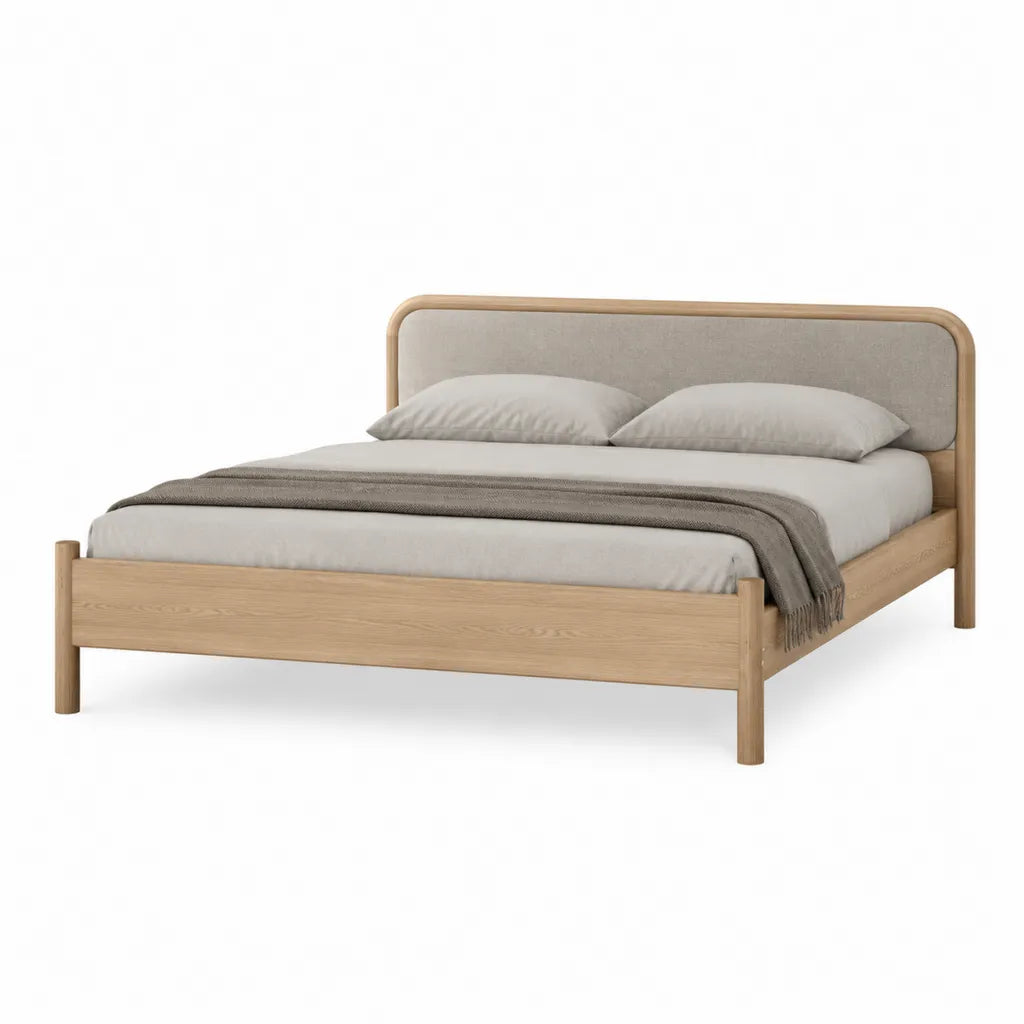 Doppelbett Bettgestell 180 x 200 cm aus massivem Eichenholz mit gepolstertem Kopfteil in Naturbeige